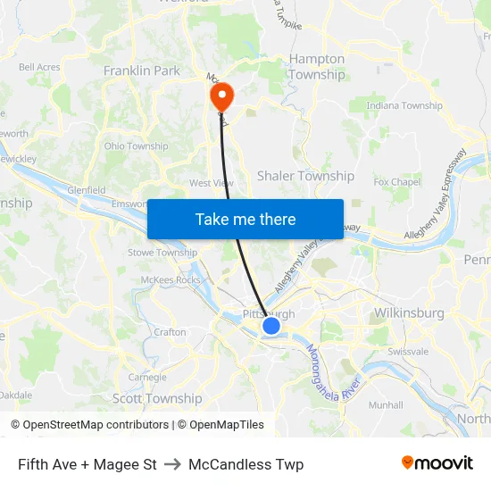 Fifth Ave + Magee St to McCandless Twp map