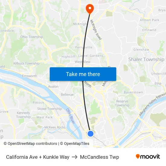 California Ave + Kunkle Way to McCandless Twp map