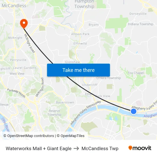 Waterworks Mall + Giant Eagle to McCandless Twp map