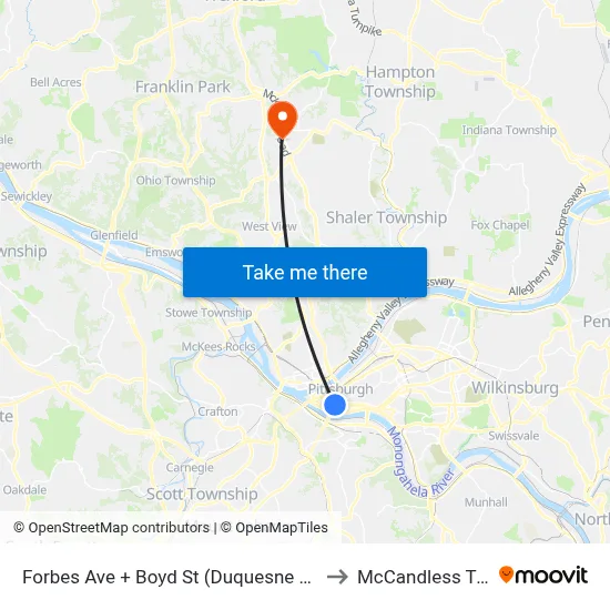 Forbes Ave + Boyd St (Duquesne Univ) to McCandless Twp map