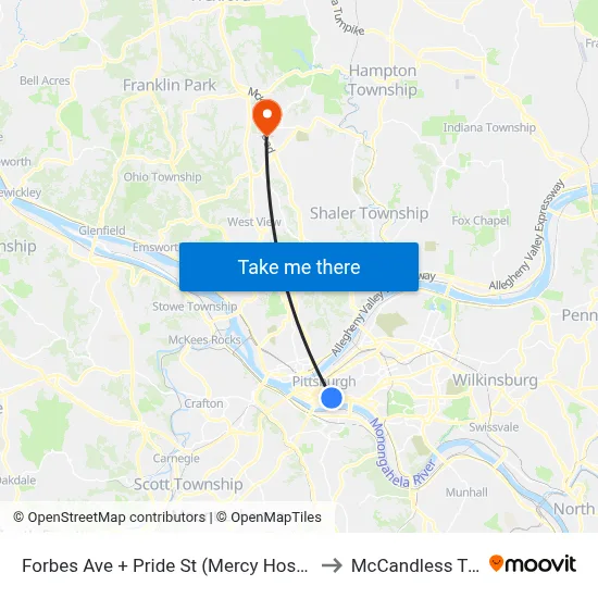 Forbes Ave + Pride St (Mercy Hospital) to McCandless Twp map