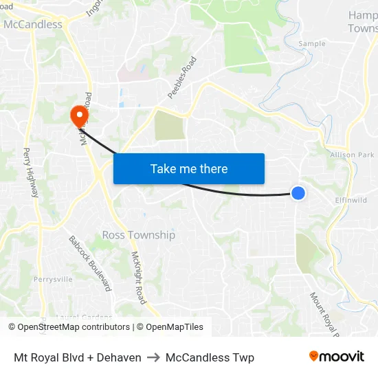 Mt Royal Blvd + Dehaven to McCandless Twp map