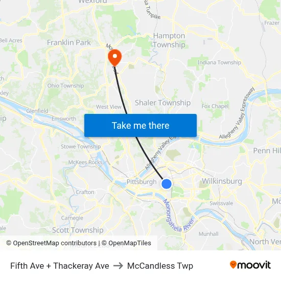Fifth Ave + Thackeray Ave to McCandless Twp map