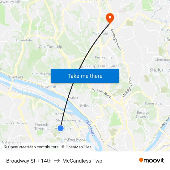 Broadway St + 14th to McCandless Twp map