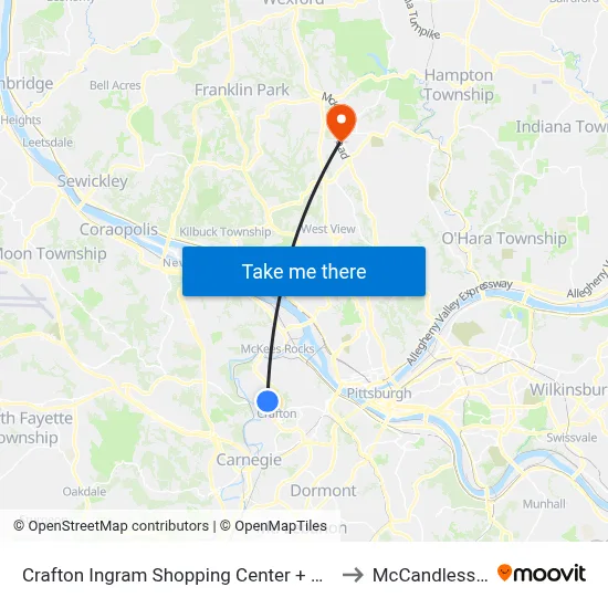 Crafton Ingram Shopping Center + Giant Eagle to McCandless Twp map