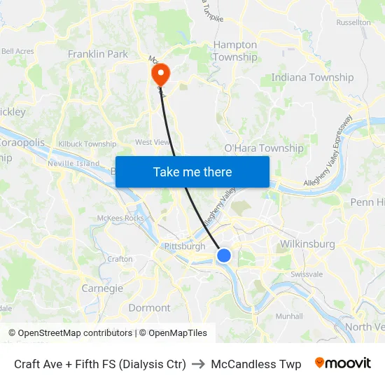 Craft Ave + Fifth FS (Dialysis Ctr) to McCandless Twp map