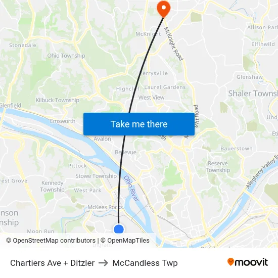 Chartiers Ave + Ditzler to McCandless Twp map