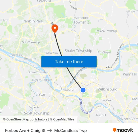 Forbes Ave + Craig St to McCandless Twp map