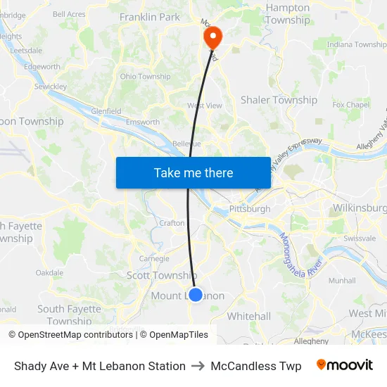 Shady Ave + Mt Lebanon Station to McCandless Twp map