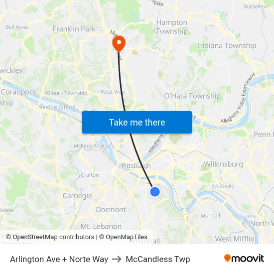 Arlington Ave + Norte Way to McCandless Twp map