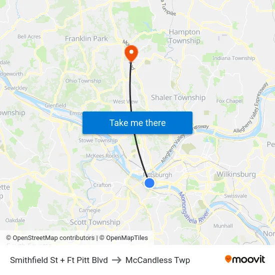 Smithfield St + Ft Pitt Blvd to McCandless Twp map