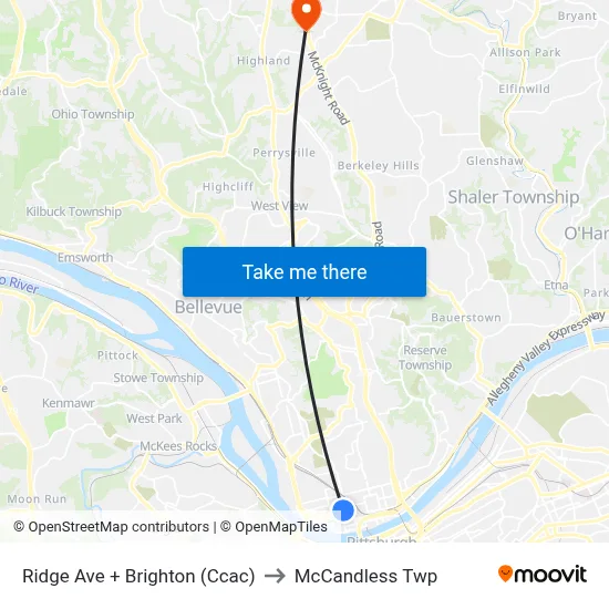 Ridge Ave + Brighton (Ccac) to McCandless Twp map