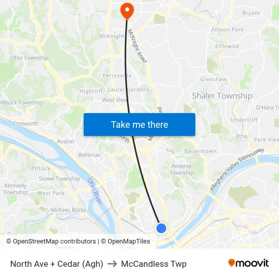 North Ave + Cedar (Agh) to McCandless Twp map