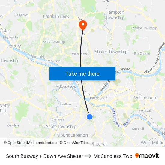 South Busway + Dawn Ave Shelter to McCandless Twp map