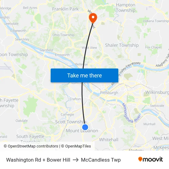 Washington Rd + Bower Hill to McCandless Twp map