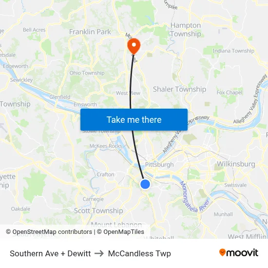 Southern Ave + Dewitt to McCandless Twp map