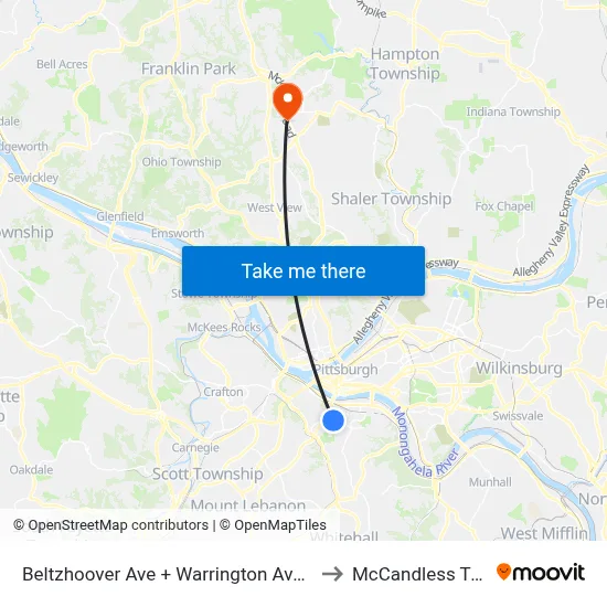 Beltzhoover Ave + Warrington Ave FS to McCandless Twp map
