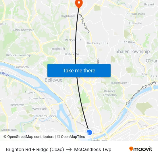 Brighton Rd + Ridge (Ccac) to McCandless Twp map