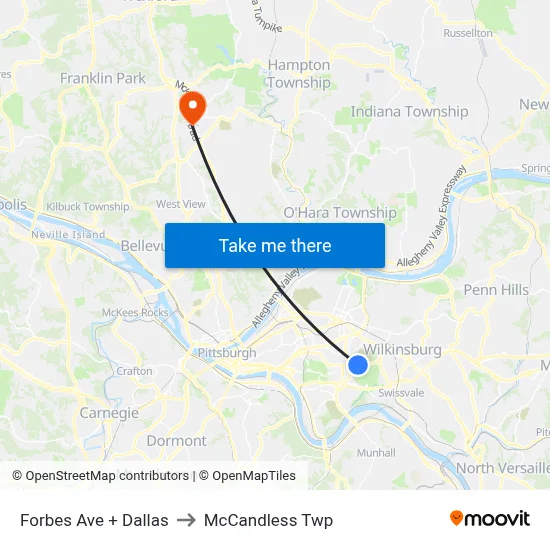 Forbes Ave + Dallas to McCandless Twp map