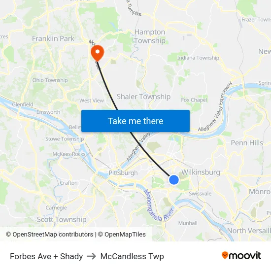 Forbes Ave + Shady to McCandless Twp map