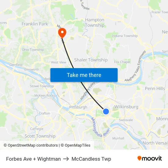 Forbes Ave + Wightman to McCandless Twp map