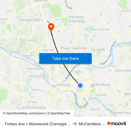 Forbes Ave + Morewood (Carnegie Mellon) to McCandless Twp map