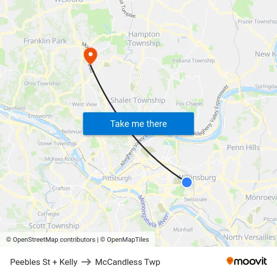 Peebles St + Kelly to McCandless Twp map