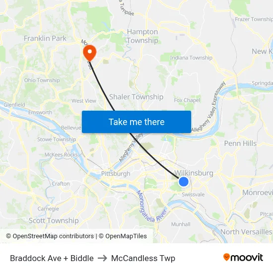Braddock Ave + Biddle to McCandless Twp map