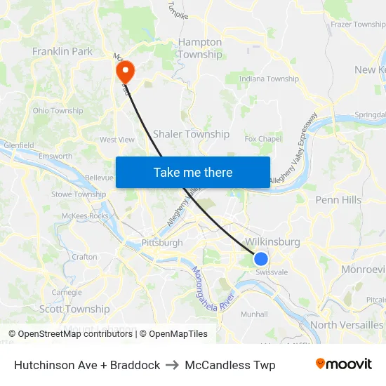 Hutchinson Ave + Braddock to McCandless Twp map