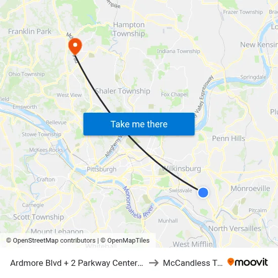 Ardmore Blvd + 2 Parkway Center East to McCandless Twp map