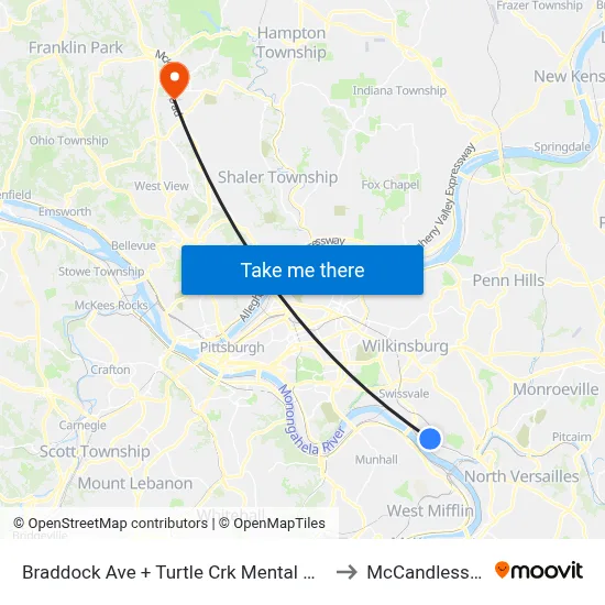 Braddock Ave + Turtle Crk Mental Health Ctr to McCandless Twp map