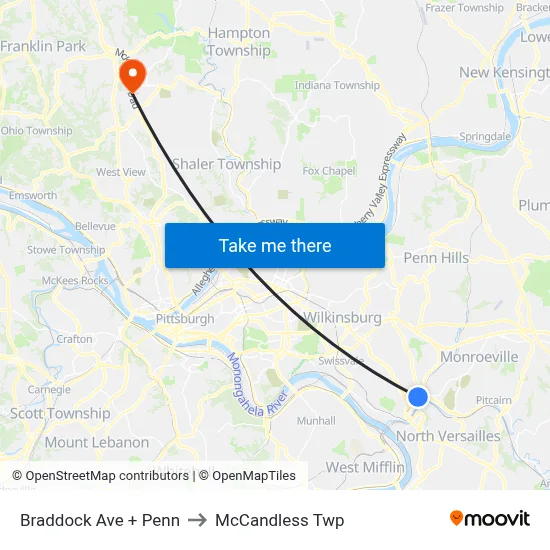 Braddock Ave + Penn to McCandless Twp map