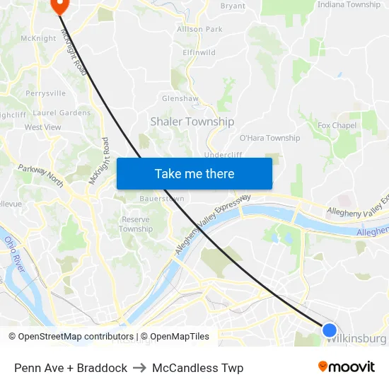 Penn Ave + Braddock to McCandless Twp map