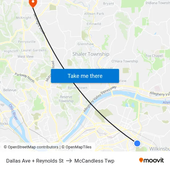 Dallas Ave + Reynolds St to McCandless Twp map