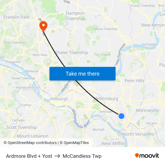 Ardmore Blvd + Yost to McCandless Twp map