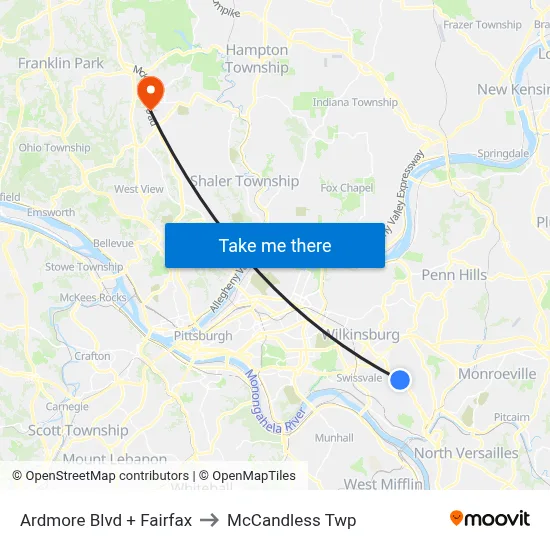 Ardmore Blvd + Fairfax to McCandless Twp map