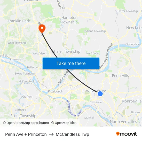 Penn Ave + Princeton to McCandless Twp map