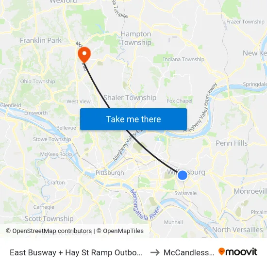 East Busway + Hay St Ramp Outbound Shelter to McCandless Twp map