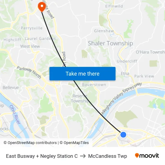 East Busway + Negley Station C to McCandless Twp map