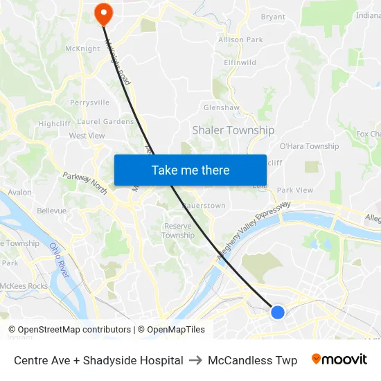 Centre Ave + Shadyside Hospital to McCandless Twp map