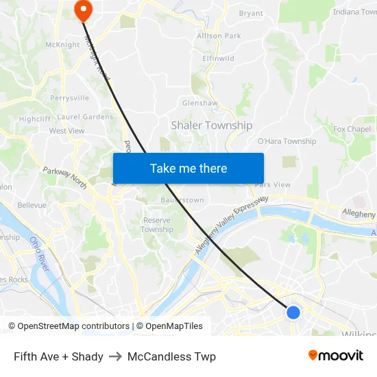 Fifth Ave + Shady to McCandless Twp map