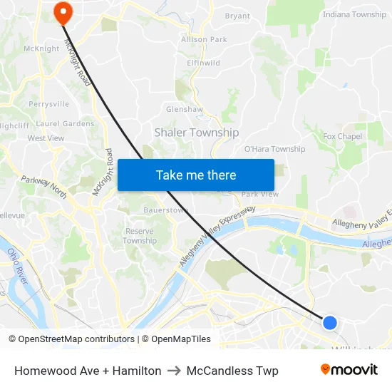 Homewood Ave + Hamilton to McCandless Twp map