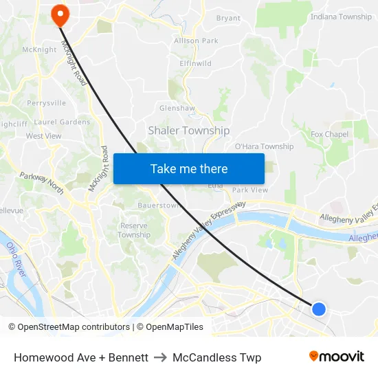 Homewood Ave + Bennett to McCandless Twp map