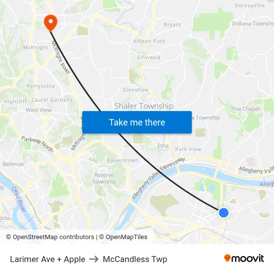 Larimer Ave + Apple to McCandless Twp map
