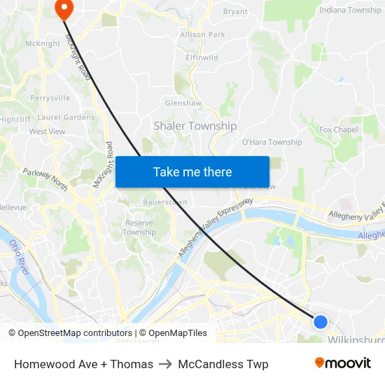 Homewood Ave + Thomas to McCandless Twp map