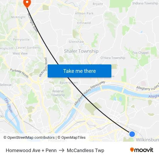 Homewood Ave + Penn to McCandless Twp map