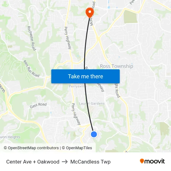 Center Ave + Oakwood to McCandless Twp map