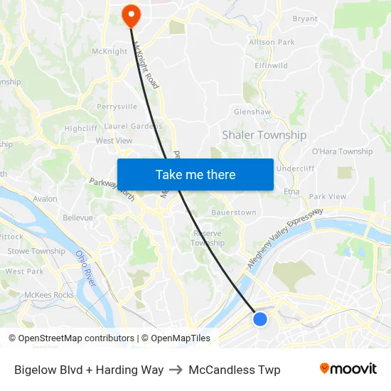 Bigelow Blvd + Harding Way to McCandless Twp map