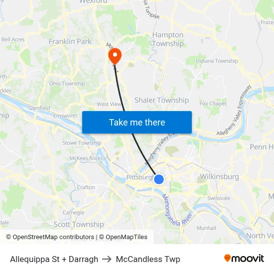 Allequippa St + Darragh to McCandless Twp map