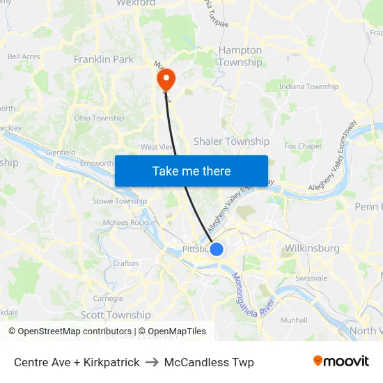 Centre Ave + Kirkpatrick to McCandless Twp map